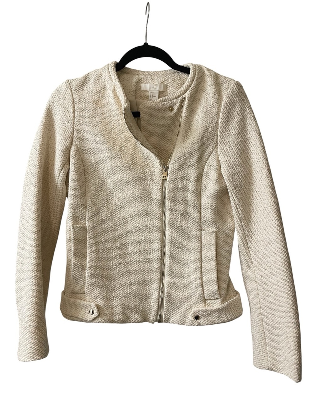 H&M Cream Asymmetrical Tweed Zip Blazer Jacket Size 6